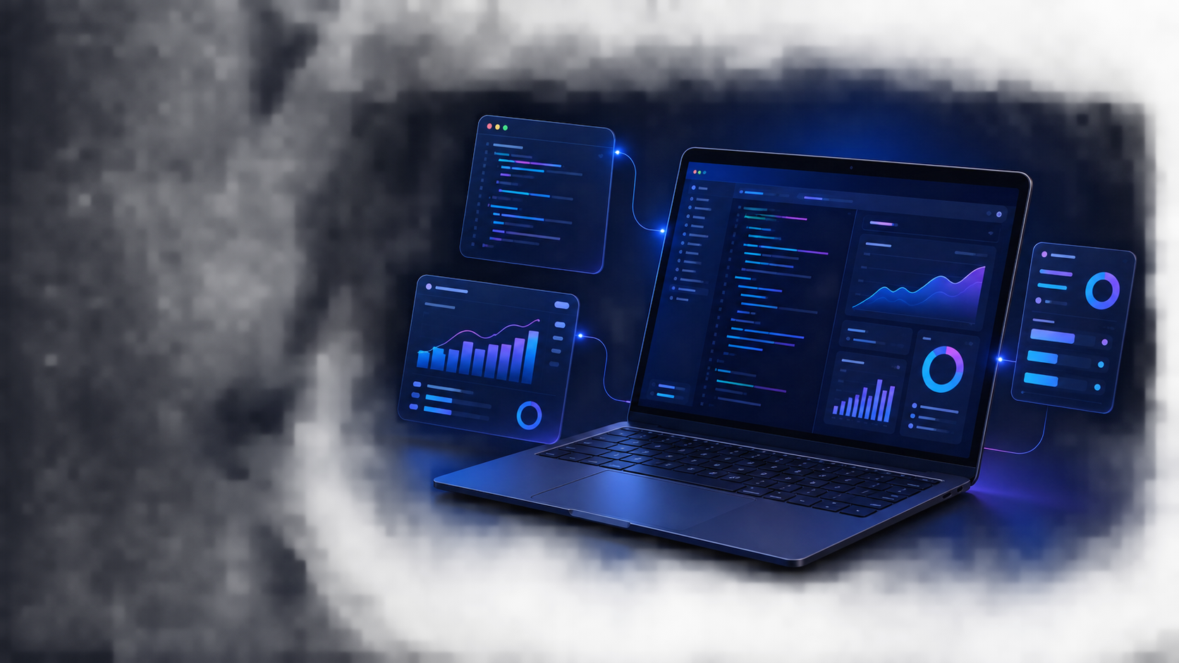 Notebook exibindo código e painéis de software em uma composição tecnológica